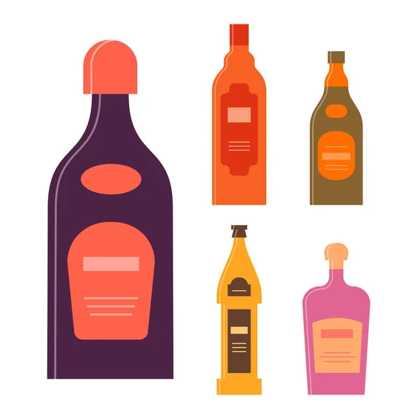 Set Bottiglie Liquore Crema Birra Balsamo Rum Flacone Icona Con — Vettoriale Stock