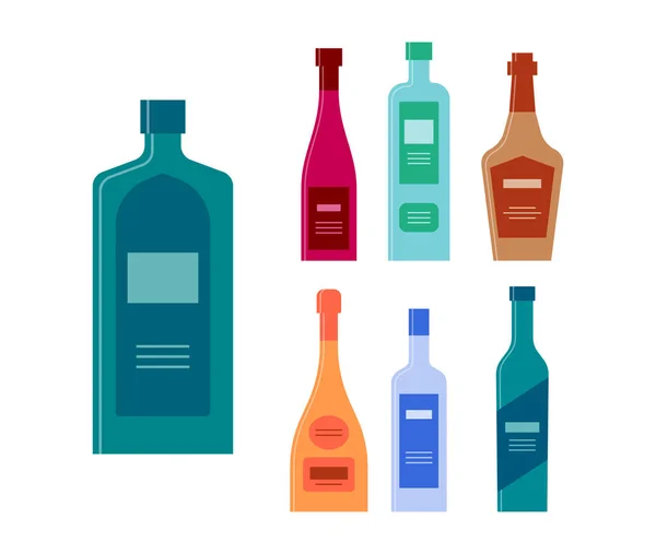 Set Bottles Gin Wine Cream Whiskey Champagne Vodka Tequila Icon — Stock Vector