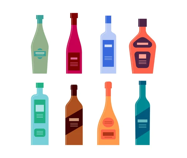 Set Bottles Vermouth Wine Vodka Rum Gin Balsam Champagne Schnapps — Stock Vector