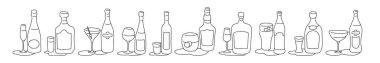 Şampanya, rom, martini, votka, viski, likör, tekila, vermut şişesi ve beyaz arka planda cam taslak ikonu. Siyah beyaz çizgi film çizimi grafik tasarım. Doodle tarzı. Elle çizilmiş görüntü. Parti içkileri konsepti