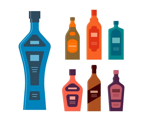 Set Bottles Vodka Balsam Rum Gin Tequila Brandy Liquor Icon — Stock Vector
