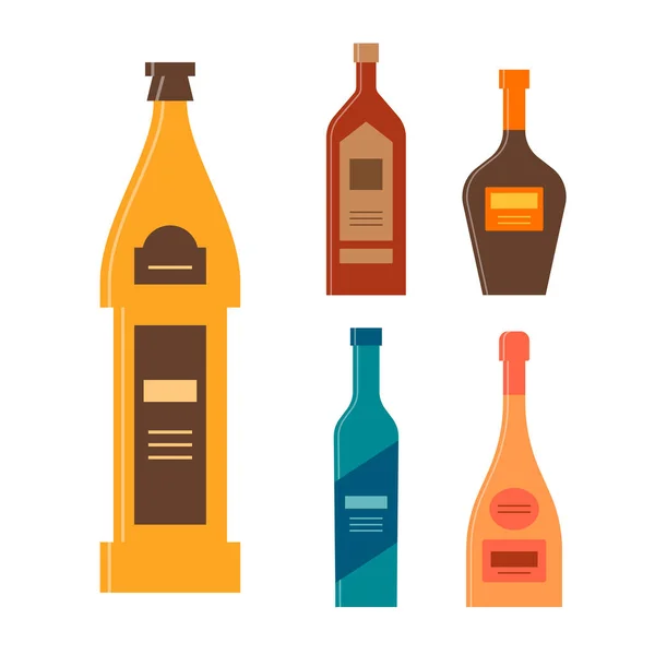 Set Botellas Cerveza Brandy Bálsamo Gin Champagne Botella Icono Con — Vector de stock