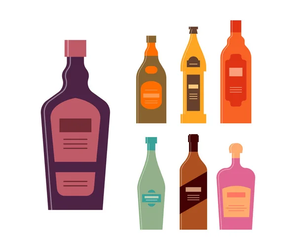 Set Bottles Liquor Balsam Beer Whiskey Wine Brandy Cream Icon — Stock Vector