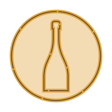 Şampanya şişesinin düz bir şekilde ince çizgiler halinde resmedilmiş hali. Arka planda renkli içecek çemberi var. İzole nesne tasarımı içeceği. Restoran, bar ve parti için basit bir simge