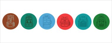 Öğrenciler ve seyahat ikonu için sıralı eğitim ve çalışma çantası. Sırt çantası ya da cepleri ve fermuarı olan okul çantası. Turizm çantasını hazırla. Beyaz arkaplanda izole edilmiş daire içindeki düz çizgi sanatı