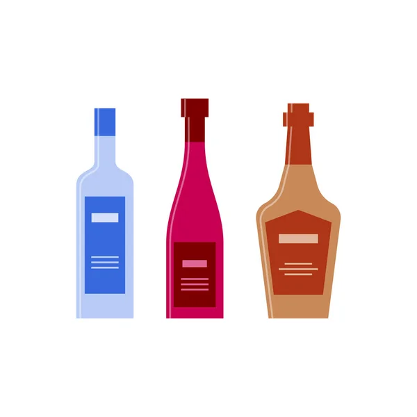 Set Flaschen Wodka Rotwein Whisky Symbolflasche Mit Deckel Und Etikett — Stockvektor