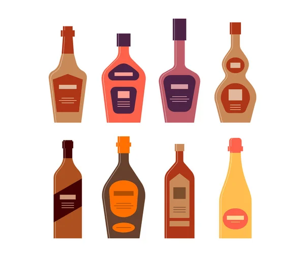 Set Bottles Whiskey Cream Liquor Balsam Brandy Cognac Tequila Champagne — Stock Vector