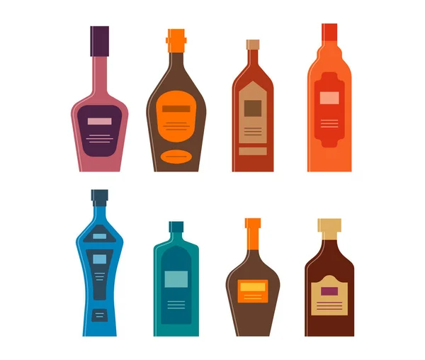 Set Botellas Licor Whisky Brandy Crema Vodka Gin Bálsamo Ron — Vector de stock