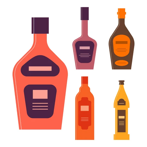 Ustaw Butelki Piwa Whisky Wódką Śmietankową Butelka Ikoną Wieczkiem Etykietą — Wektor stockowy