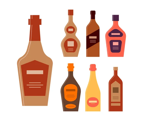 Zestaw Butelek Whisky Koniak Brandy Likier Śmietankowy Rum Szampan Butelka — Wektor stockowy