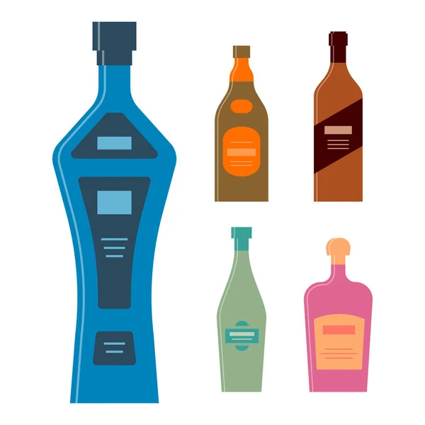 Set Bottles Vodka Balsam Brandy Vermouth Liquor Icon Bottle Cap — Stock Vector