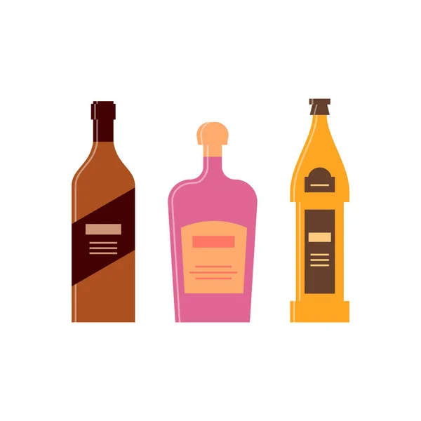 Set Flaschen Whisky Likör Bier Symbolflasche Mit Deckel Und Etikett — Stockvektor