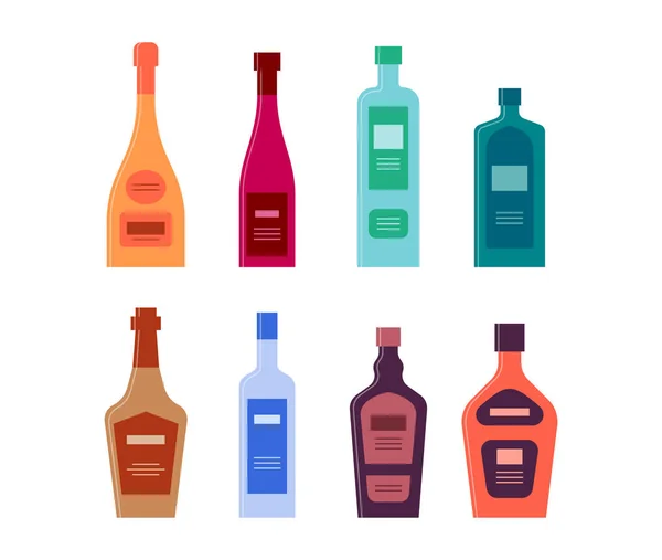 Set Bouteilles Champagne Vin Schnaps Gin Whisky Vodka Crème Liqueur — Image vectorielle