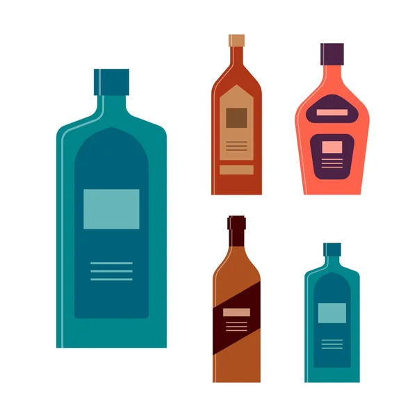 Set Flaschen Gin Rum Creme Brandy Gin Symbolflasche Mit Deckel — Stockvektor