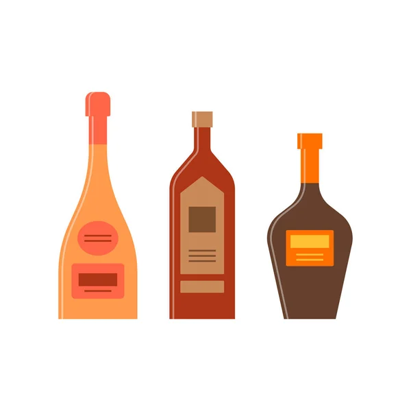 Conjunto Botellas Champán Brandy Whisky Botella Icono Con Tapa Etiqueta — Vector de stock