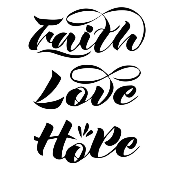 Vector escrito a mano letras de tres palabras en Inglés Faith, Love, Hope — Vector de stock