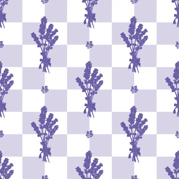 Vector seamless pattern with a bouquet of lavender and a cage — Stock Vector