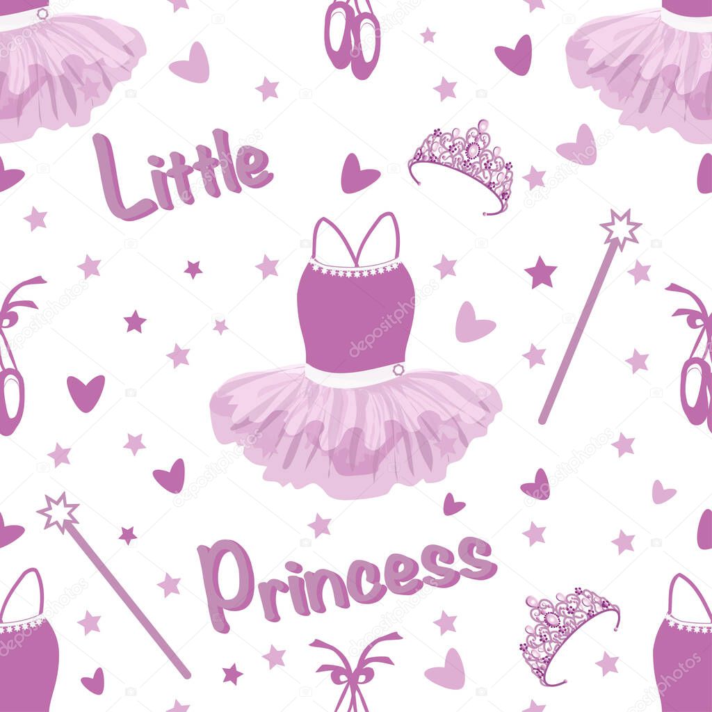 vector seamless pattern with ballet accessories and the text Little Princess