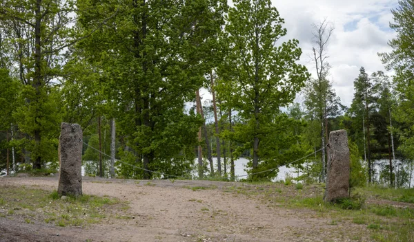 Barrier Approach Road Property Lake Gissen Sweden Chain Two Blocks — Stock Photo, Image