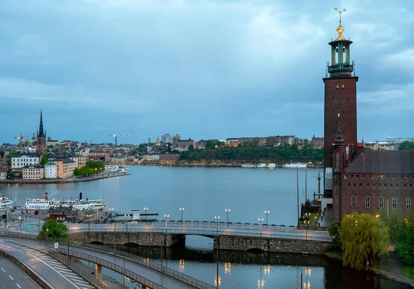 Panoramisch Uitzicht Het Water Riddarfjaerden Districten Riddarholmen Soedermalm Stockholm Bij — Stockfoto
