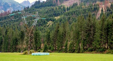 Avusturya 'nın lesachvally bölgesindeki bir çayır üzerinde iletim kulesi olan yüksek voltajlı elektrik hattı.