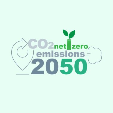 CO2 net-sıfır emisyon 2050 tipografik tasarım. Konum simgesi tam zaman çizgisinin bir göstergesi olarak yön oku haline geliyor. Vektör çizimi düz tasarım biçimi.