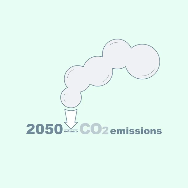 Co2ネットゼロ排出2050年タイポグラフィデザイン アクションプランのギミックとしてゼロレベルバーに達するダウン矢印と煙のシンボル ベクトルイラストアウトラインフラットデザインスタイル — ストックベクタ