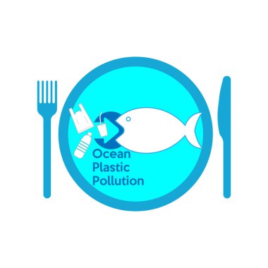 Tek kullanımlık plastik atık okyanusa girer ve besin zincirini etkiler. Okyanus plastik kirliliği kavramı. Vektör çizimi düz tasarım biçimi.