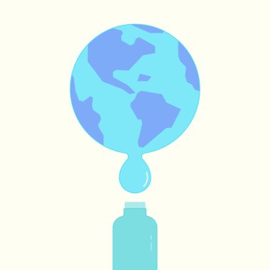 Şişeyi topraktan suyla doldur. Çevre dostu bir hareket olsun diye. Vektör çizimi düz tasarım biçimi.