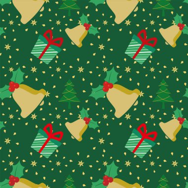 Altın çan ökseotu ve koyu yeşil arka planda hediye kutusu olan kusursuz bir Noel deseni. Mevsimsel kutlama soyut yüzeyi. Noel süsü vektör illüstrasyonu.