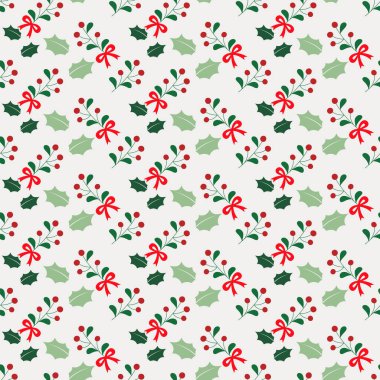 Noel desensiz, dumanlı beyaz arka planda kurdeleli kutsal dut dalı. Noel bitkisi mevsimlik yüzeyi. Botanik vektör illüstrasyonu.