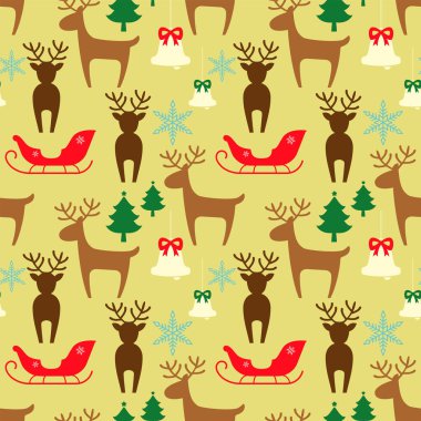 Ren geyiği, kızak ve altın zili olan kusursuz bir Noel deseni. Tatlı çizgi film sezonluk yüzeyi. Hayvan karakter vektör illüstrasyonu.