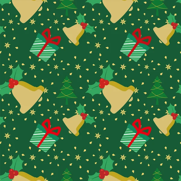 Weihnachten Nahtloses Muster Mit Goldener Glockenmistel Und Geschenkschachtel Auf Dunkelgrünem — Stockvektor