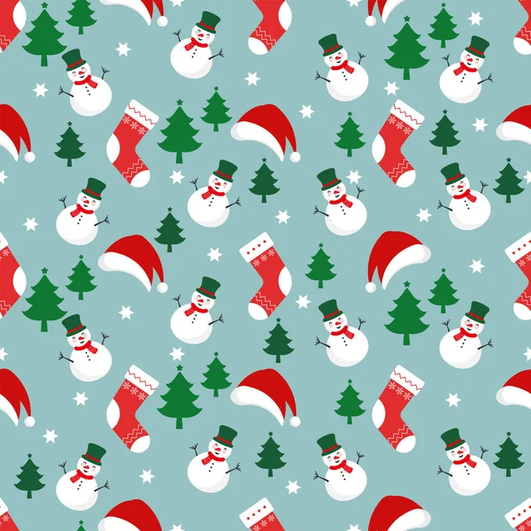 Weihnachten Nahtloses Muster Mit Weihnachtsmütze Socke Und Schneemann Auf Pastellgrünem — Stockvektor