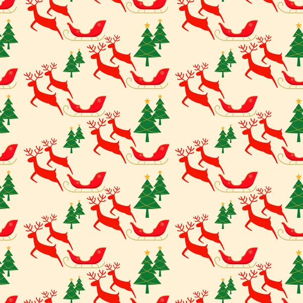 Vánoční Bezešvé Vzor Soby Sáně Borovice Béžovém Pozadí Roztomilý Kreslený — Stockový vektor