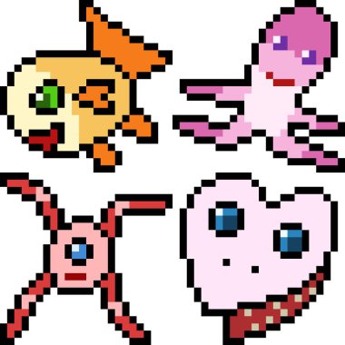 Beyaz arkaplanda vektör piksel sanat çizgi film canavar simgesi izole