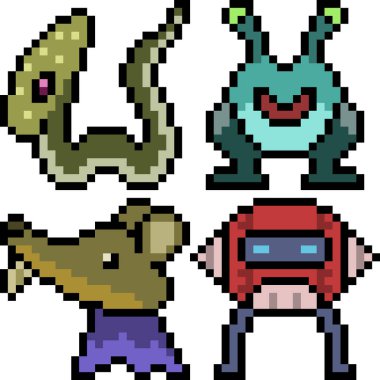 Beyaz arkaplanda vektör piksel sanat çizgi film canavar simgesi izole