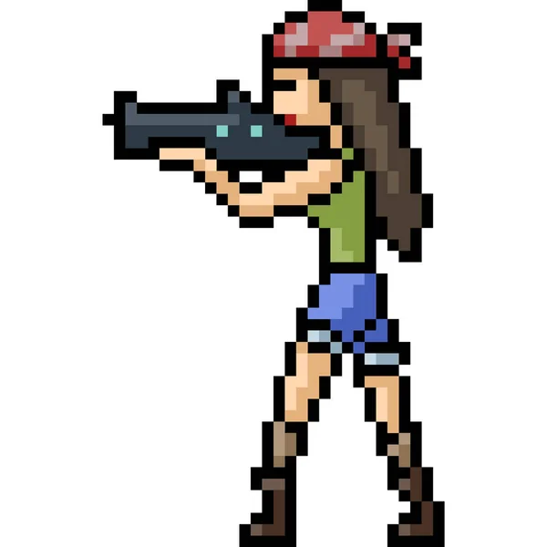 Vector Pixel Art Gunner Girl Terisolasi Kartun - Stok Vektor