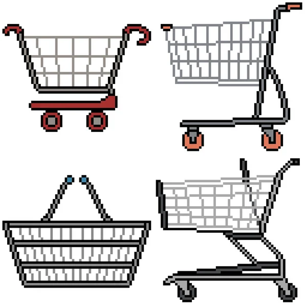 Pixel Art Set Carrito Compras Aislado — Vector de stock