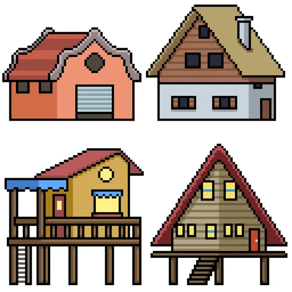 Pixel Art Set Elszigetelt Vidéki Ház — Stock Vector