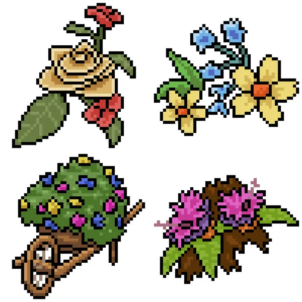 Pixel Art Set Jardín Flores Aislado — Archivo Imágenes Vectoriales