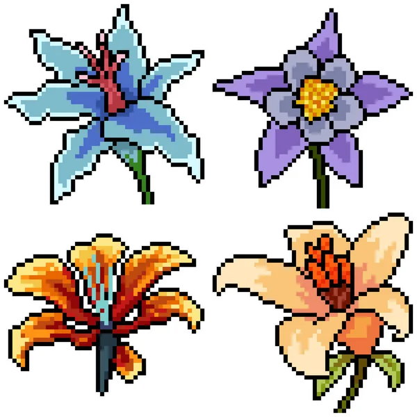Pixel Art Set Απομονωμένο Φανταχτερό Λουλούδι — Διανυσματικό Αρχείο