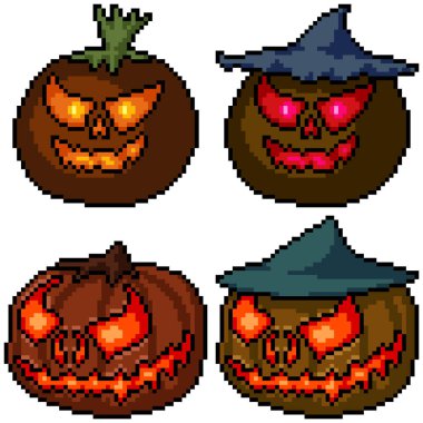 Piksel sanat seti izole edilmiş balkabağı kafası cadılar bayramı