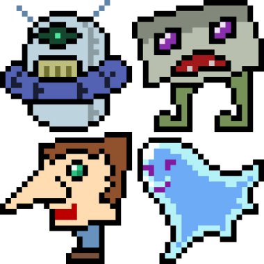 Beyaz arkaplanda vektör piksel sanat çizgi film canavar simgesi izole