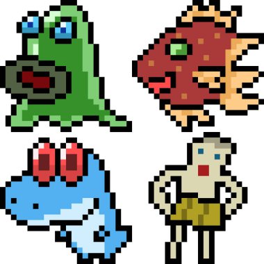 Beyaz arkaplanda vektör piksel sanat çizgi film canavar simgesi izole