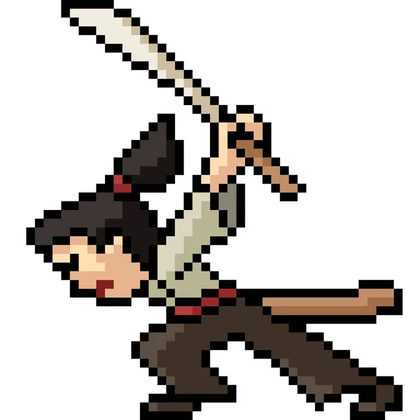 Vector Pixel Kunst Samurai Geïsoleerde Cartoon — Stockvector