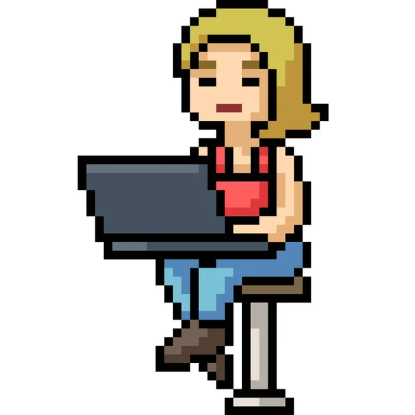Vecteur Pixel Art Femme Ordinateur Portable Isolé Dessin Animé — Image vectorielle
