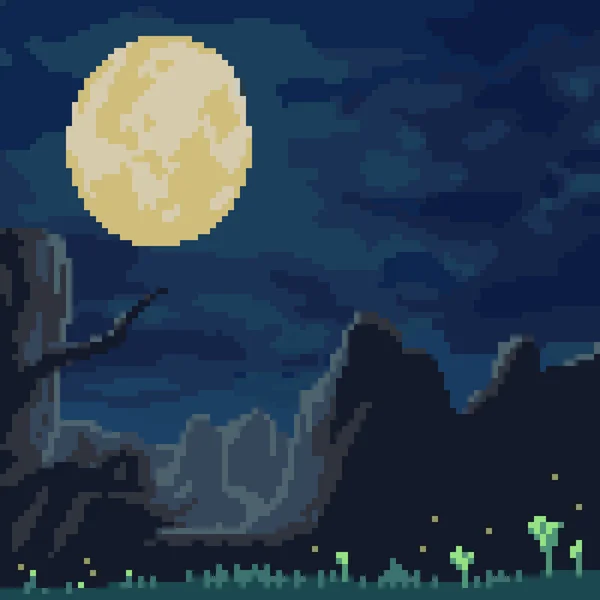 Pixel Τέχνη Της Αγροτικής Φύσης Νύχτα — Διανυσματικό Αρχείο