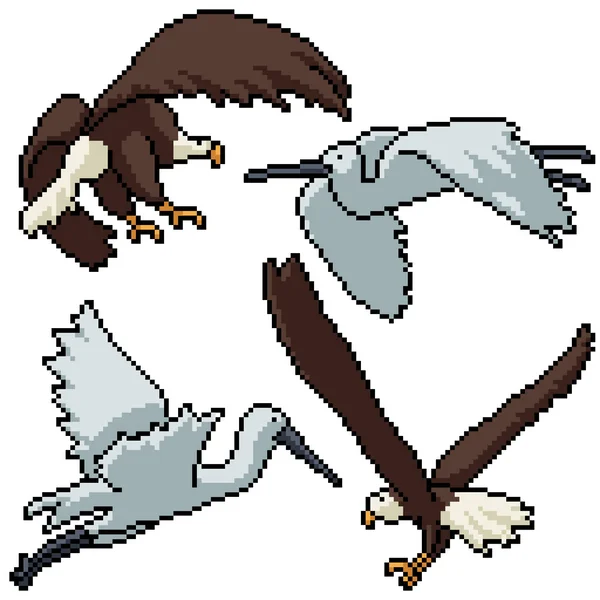 Pixel Art Set Isolated Eagle Egret Flying — Stock Vector