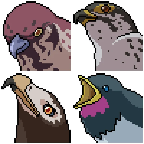 Pixel Art Set Geïsoleerd Vogelportret — Stockvector